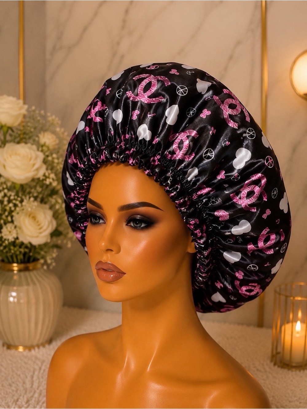 Satin Sleep Bonnet - Black with Pink & White Print